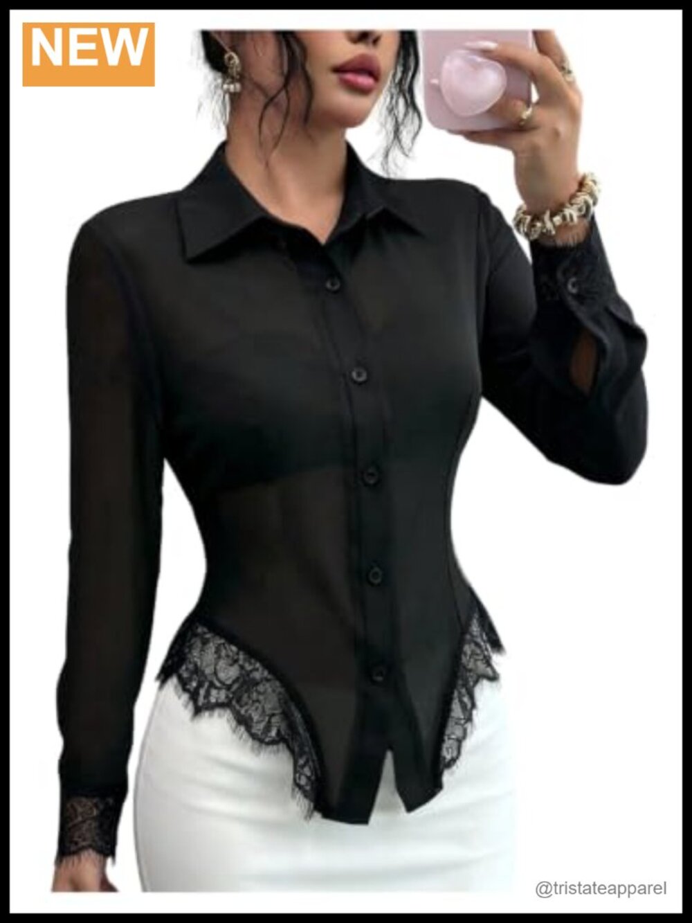 Sheer Lace Patchwork Long Sleeve Blouse Women's Elegant Button Down Shirt